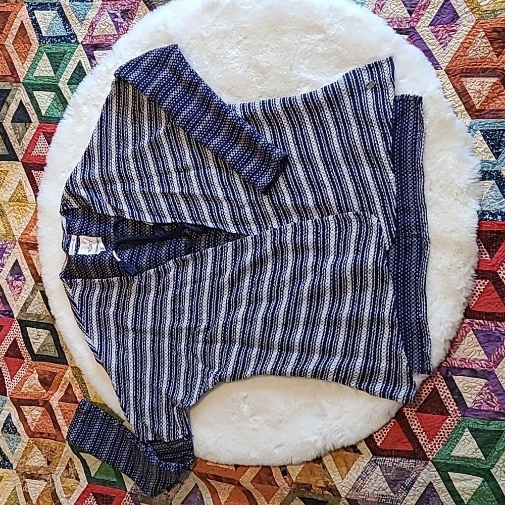 Roxy Blue Striped Textured Open Front Casual Boho Hippie Beach Cardigan